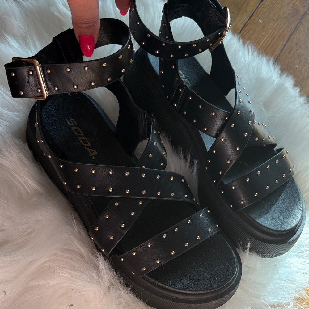 Soda Black Studded Platform Sandals with Gold Accents